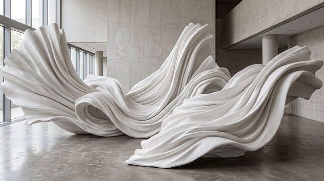 Abstract white parametric sculpture with flowing organic curves, modern architectural 3D installation in a minimalist gallery, fluid wave art piece