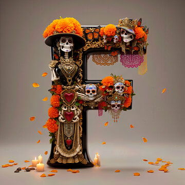  letra F, flores, cempasuchil, dia de muertos, altar de muertos, calaveritas, mexico, agua, catrinas, mariposa, marco, flor, arcen, vector, floral, decoraciones, hojas, designio, navida, corona, ilust
