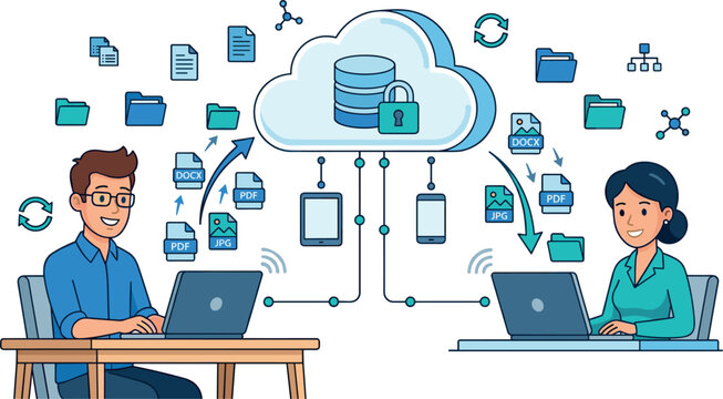 : Cloud File Sharing And Secure Data Synchronization Vector Illustration Featuring Remote Collaboration Digital Storage Backup And Cross Device Access