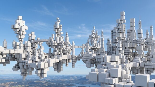 Futuristic cityscape, 3D architecture, white buildings, blue sky