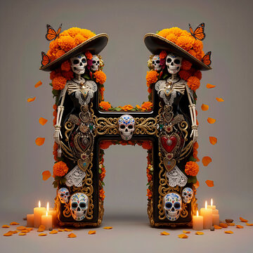  letra H, flores, cempasuchil, dia de muertos, altar de muertos, calaveritas, mexico, agua, catrinas, mariposa, marco, flor, arcen, vector, floral, decoraciones, hojas, designio, navida, corona, ilust