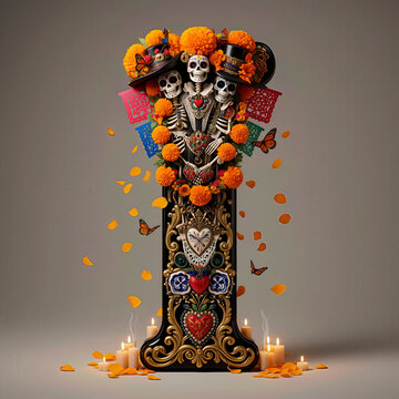  letra I, flores, cempasuchil, dia de muertos, altar de muertos, calaveritas, mexico, agua, catrinas, mariposa, marco, flor, arcen, vector, floral, decoraciones, hojas, designio, navida, corona, ilust
