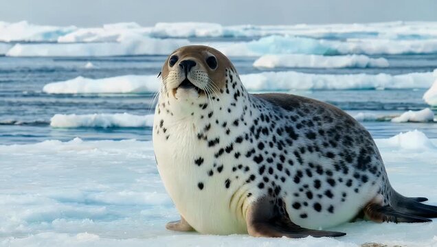 Rare majestic 4K footage of a large predatory seal lounging on Antarctic sea ice alertly raising its head to survey the freezing waters capturing natural polar behavior and harsh arctic climates