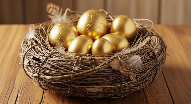 Group of several golden eggs nestled together in a large bird nest on a wooden table.