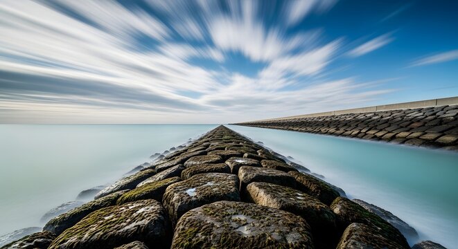 Stone breakwater leading into blue sea and sky