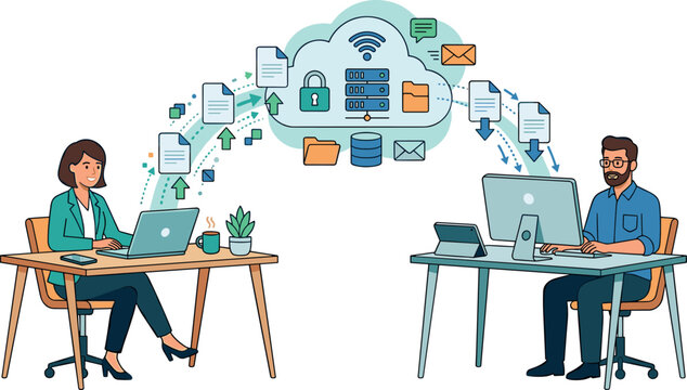 : Secure Cloud File Sharing And Remote Collaboration Vector Illustration Featuring Encrypted Data Synchronization Digital Storage And Cross Device Access