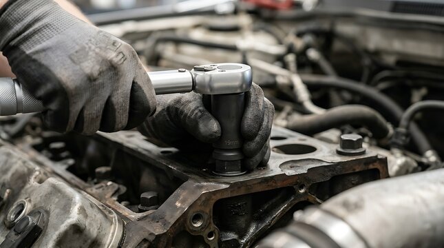 Mechanic using a torque wrench to tighten a bolt on an engine block in a professional auto workshop