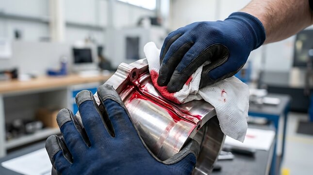 Industrial worker cleaning metal machine component with red dye penetrant in a manufacturing workshop