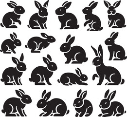 Obraz premium Collection of stylized rabbit silhouettes in various poses on a white background vector illustration