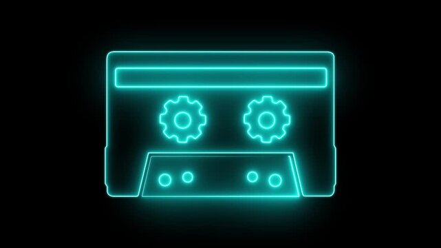Neon cassette tape concept on the transparent background. Cassette tape recorder with speaker spinning cassettes from For music, pub. 4k animation motion video