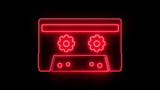 Neon cassette tape concept on the transparent background. Cassette tape recorder with speaker spinning cassettes from For music, pub. 4k animation motion video