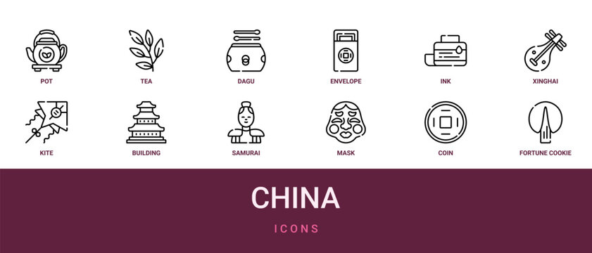 Set of 12 outline web China icons such as fortune cookie, coin, mask, samurai, building, kite, xinghai vector icons for report, presentation, diagram, web design, mobile app