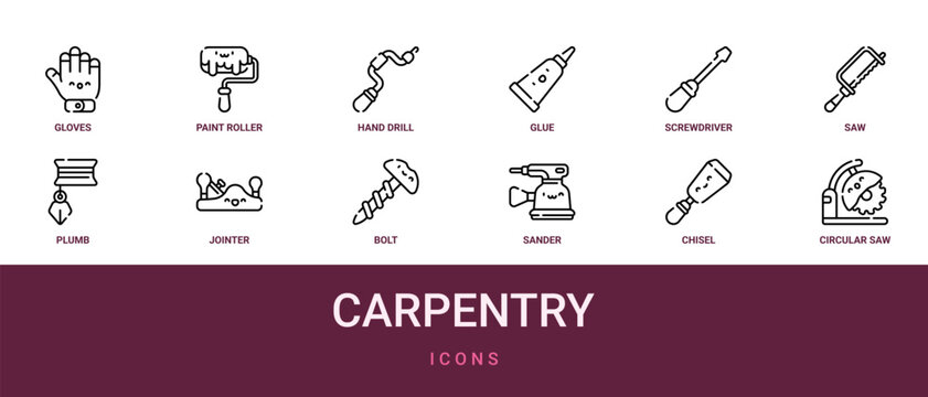 Set of 12 outline web Carpentry icons such as circular saw, chisel, sander, bolt, jointer, plumb, saw vector icons for report, presentation, diagram, web design, mobile app