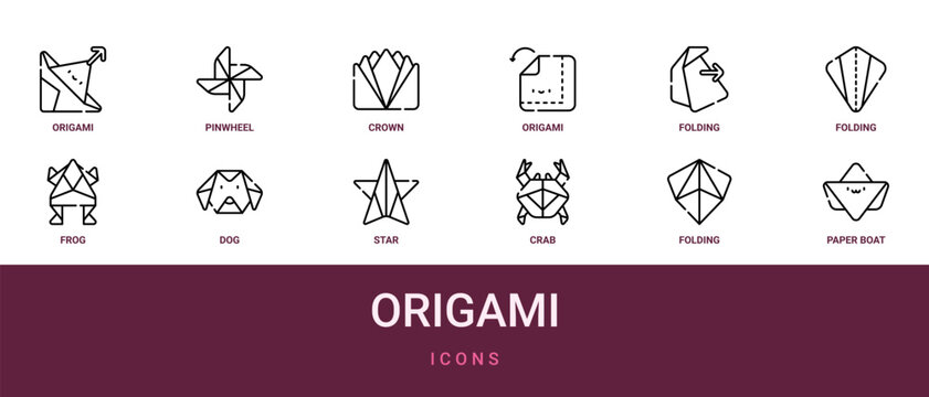 Set of 12 outline web Origami icons such as paper boat, folding, crab, star, dog, frog, folding vector icons for report, presentation, diagram, web design, mobile app