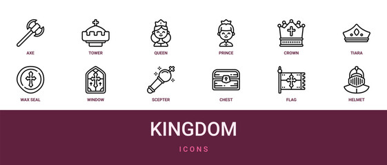 Set of 12 outline web Kingdom icons such as helmet, flag, chest, scepter, window, wax seal, tiara vector icons for report, presentation, diagram, web design, mobile app © Emma