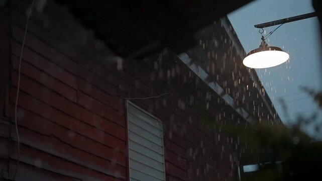 Heavy rain falling beside lamp lantern by wooden wall, Intense downpour with raindrops over lush greenery during tropical storm outdoors, 4k slow motion
