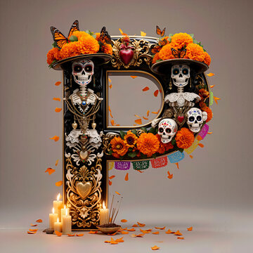  letra P, flores, cempasuchil, dia de muertos, altar de muertos, calaveritas, mexico, agua, catrinas, mariposa, marco, flor, arcen, vector, floral, decoraciones, hojas, designio, navida, corona, ilust