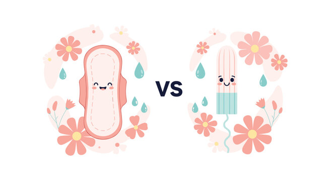 Educational comparison illustration of a menstrual pad and a tampon with cute faces surrounded by pink flowers for feminine hygiene care.