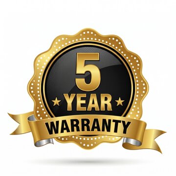 Premium 3D gold and black five year warranty badge featuring a metallic ribbon stars and glossy professional finish isolated on a white background for high-end retail commerce trust branding.