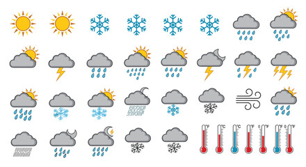 Fototapeta premium Extensive set of flat weather icons including sun and clouds with rain and snow and thunderstorms for mobile apps.