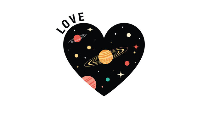 Love text above a heart shaped window looking into a deep space galaxy with colorful planets and bright stars.
