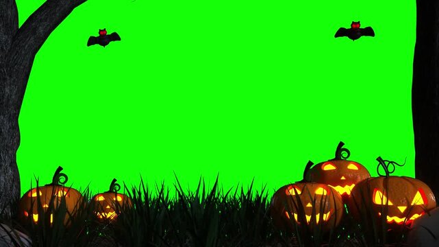 A spooky video of jack-o-lanterns and bats on a green background for Halloween