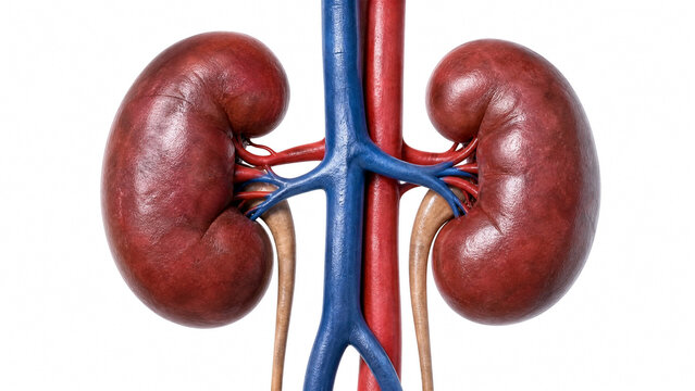Anatomical illustration showing two human kidneys connected by blood vessels on a clean white background for medical study