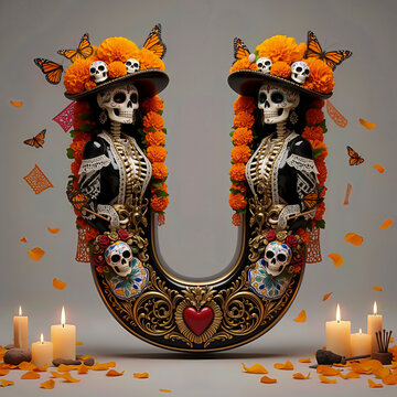  letra U, flores, cempasuchil, dia de muertos, altar de muertos, calaveritas, mexico, agua, catrinas, mariposa, marco, flor, arcen, vector, floral, decoraciones, hojas, designio, navida, corona, ilust