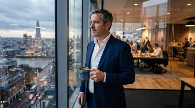 Visionary Leader's Gaze: A businessman in a sharp suit holds a coffee cup, contemplating the sprawling city skyline from a high-rise office window, embodying ambition and forward-thinking.