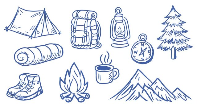 Hand drawn camping illustration doodle, adventure elements