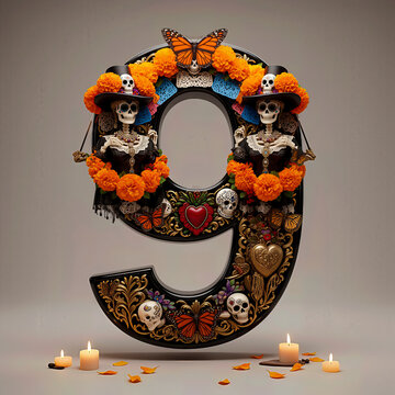  numero 9, flores, cempasuchil, dia de muertos, altar de muertos, calaveritas, mexico, agua, catrinas, mariposa, marco, flor, arcen, vector, floral, decoraciones, hojas, designio, navida, corona, ilus