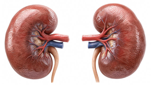 Detailed 3D rendering of human kidneys showing essential anatomy blood vessels and ureters for medical study