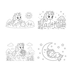 Cute cartoon cat family sitting together in a cozy group. Adorable kittens and mother cat vector illustration set with playful poses and outlines.