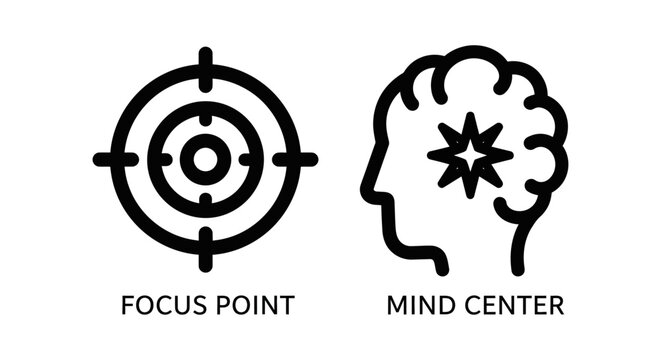 Graphic icon set featuring focus point target and mind center human head profile intellect concentration precision psychology cognitive knowledge intelligence perspective strategy