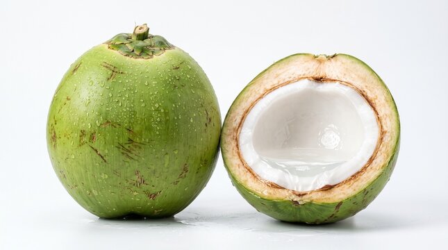 Fresh green young coconut and sliced half with white meat and juice isolated on white background, healthy organic tropical fruit