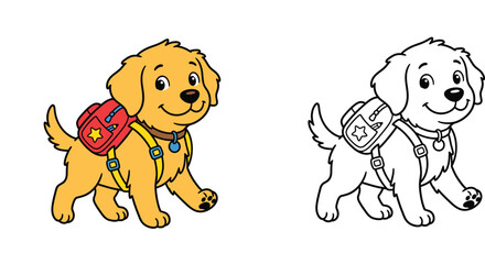 Obraz premium Cute golden retriever puppy wearing a school backpack