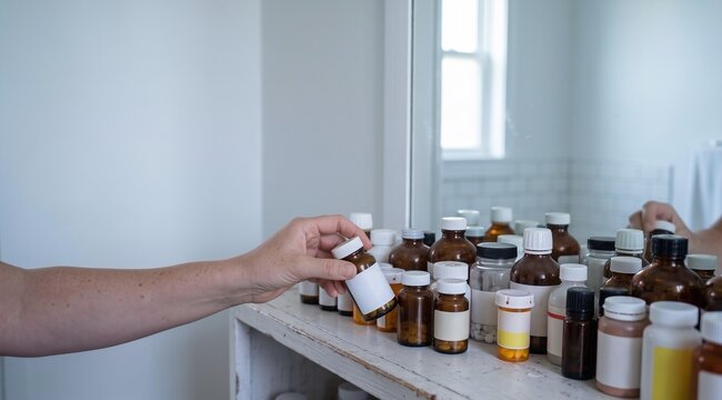 Person Hand Reaching for Blank Brown Medication Pill Bottle from a Cluttered Medicine Cabinet Shelf in Bathroom, Concept of Polypharmacy, Treatment, Aging or Substance Abuse.