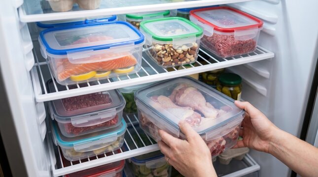 Hands placing a plastic food storage container with raw chicken drumsticks into a bright refrigerator filled with meal prep containers including fresh salmon, ground meat, and healthy nuts.