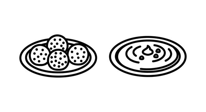 Indian cuisine food dishes featuring fried savory snacks and spicy soup or dal in line art illustration tradition gastronomy appetizer culinary isolated nutrition