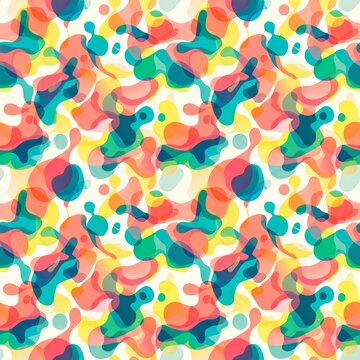 A vibrant seamless abstract pattern consisting of overlapping, translucent organic liquid shapes and fluid blobs in bright coral, yellow, teal, and orange hues on a light background
