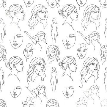 A continuous minimalist line art pattern showcasing elegant black contours of female faces in profile, abstract expressions, and full-body silhouettes on a solid white background