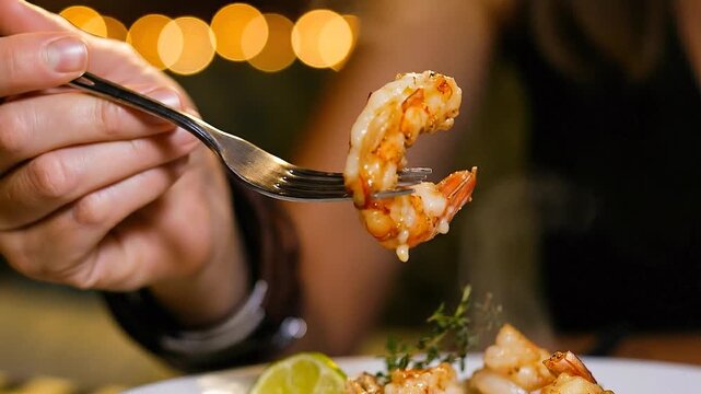 Person eating delicious shrimp risotto with fork in fine dining restaurant close up shot.