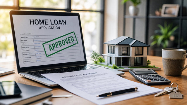 Home loan application successfully approved on a laptop screen next to a house model and mortgage documents on a wooden desk