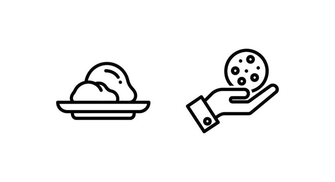 Minimalist line icons showing serving size plate with food portions and a hand holding a cookie representing diet and nutrition minimalist lifestyle wellness
