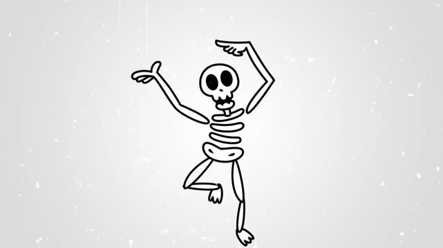 A cartoon skeleton dancing energetically in a video animation.