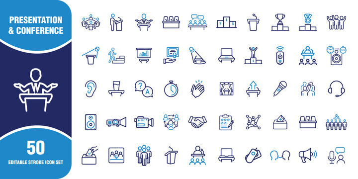 Modern public speech and event management outline vector icons. Dual tone podium speaker, audience discussion, and workshop linear symbols.