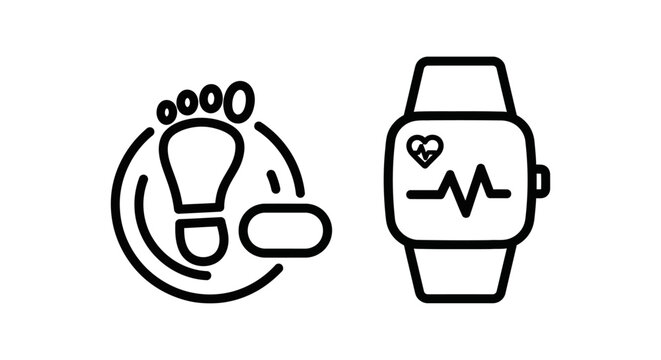 Fitness tracker smartwatch icons set featuring daily step count and real time heart rate monitoring symbols smartwatch activity monitoring wearable exercise technology interface