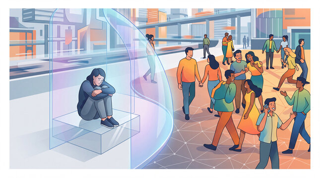 Person isolated in a glass bubble. Concept of social anxiety and emotional detachment.