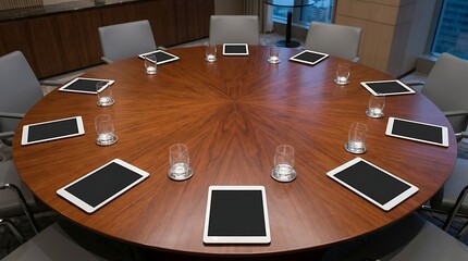 Naklejka premium Modern boardroom meeting table with digital tablets and water glasses for a corporate presentation