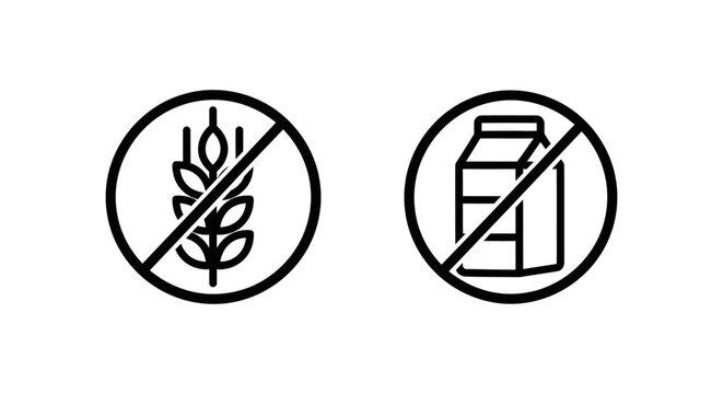 Gluten free and lactose free dietary restriction food symbols with intolerance nutrition wellness isolated illustration standard pictogram wheatless information packaging lifestyle